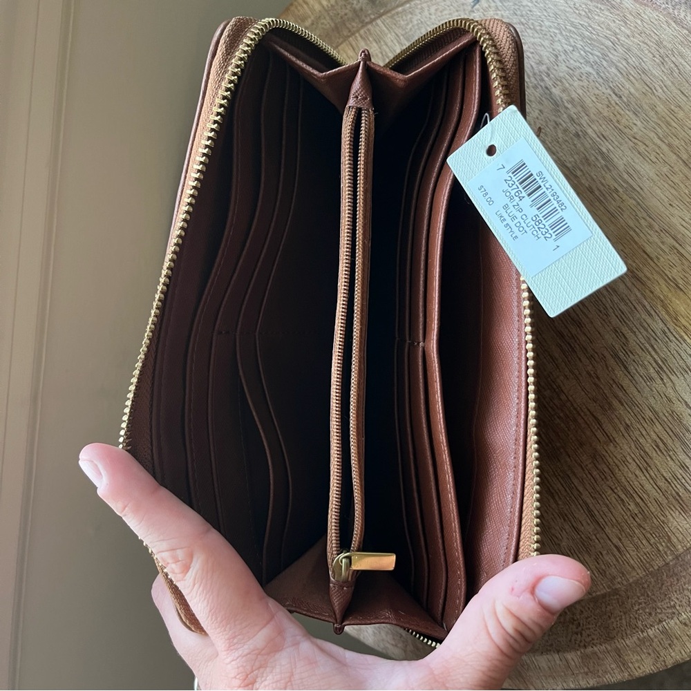 💙 Fossil Felicity Blue Dot Jori Zip Clutch Wallet & Pouch - Tan & Brown & Blue - Picture 13 of 15